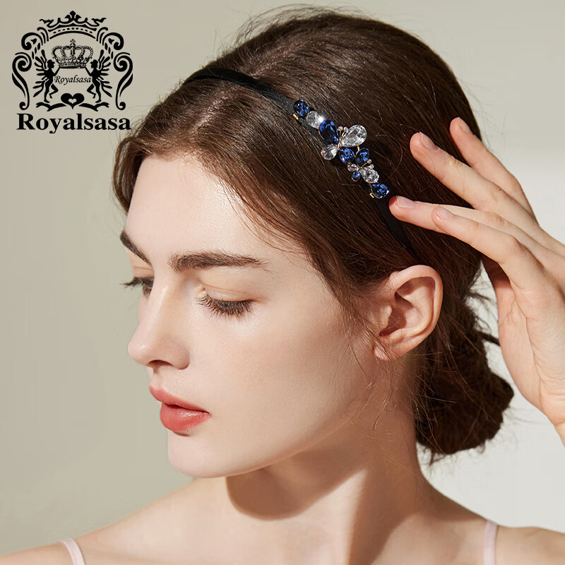 Royal sasa皇家莎莎發(fā)箍韓國頭飾品女優(yōu)雅水鉆壓發(fā)頭箍成人名媛發(fā)飾頭窟發(fā)卡 藍灰BG