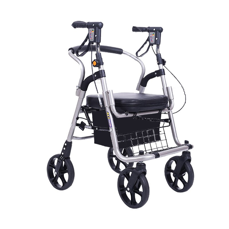 老人老年人手推车助步购物车轻便可座助行车老年带座椅助力行走器助行器可推可坐走路扶手架 铝合金手刹品质款
