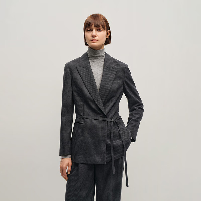 OVV2025秋冬新款女装经典微收腰随附腰带羊毛休闲西服 深空灰 M