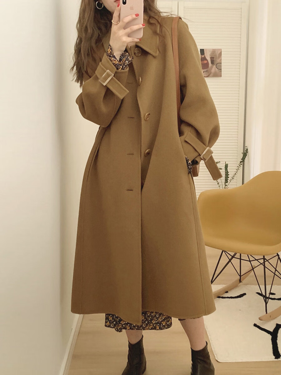 romdink驼色高级羊绒大衣女中长款2024秋冬季新款小个子双面呢子羊毛