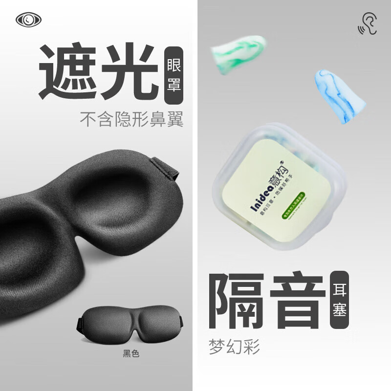 意構（Inidea）耳塞 意構睡覺(jué)防噪音耳塞眼罩睡眠套裝 男女遮光透氣耳塞眼罩 經(jīng)典無(wú)鼻翼1個(gè)+幻彩耳塞2對