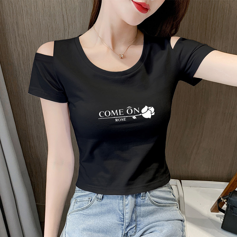 德朔新款夏天露脐t恤衫2021年夏季新款短袖t恤女短款露脐上衣半露肩高