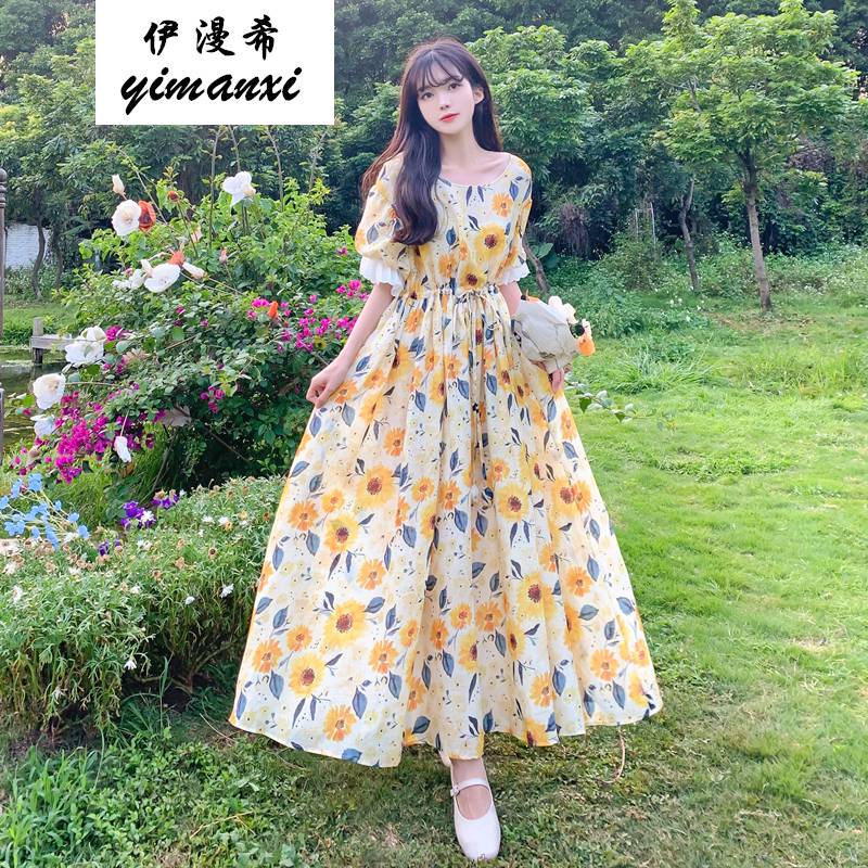 伊漫希 复古蕾丝慵懒风碎花大摆连衣裙夏季茶歇初恋系温柔辣妹穿搭