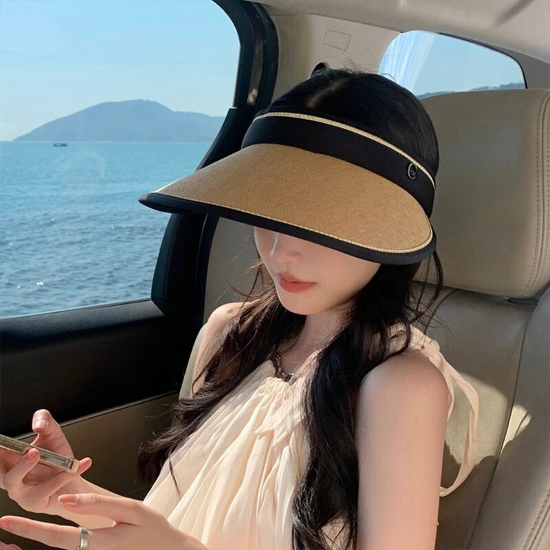 达芬奇密码草编黑胶大檐防晒空顶帽 女遮阳帽户外防晒太阳帽 卡其