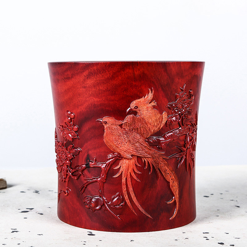 重礼 非洲赞比亚血檀笔筒五牛图喜鹊登梅整料挖空雕花手工檀雕红木