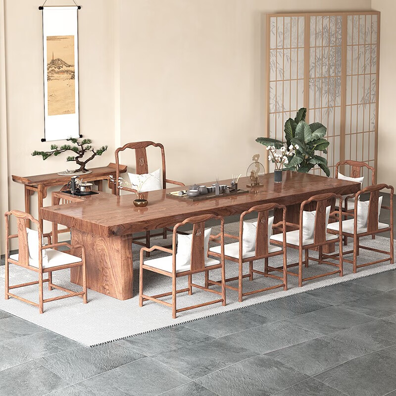古峪新中式实木大板茶桌椅组合北美黑胡桃木整板双拼干泡茶 定制