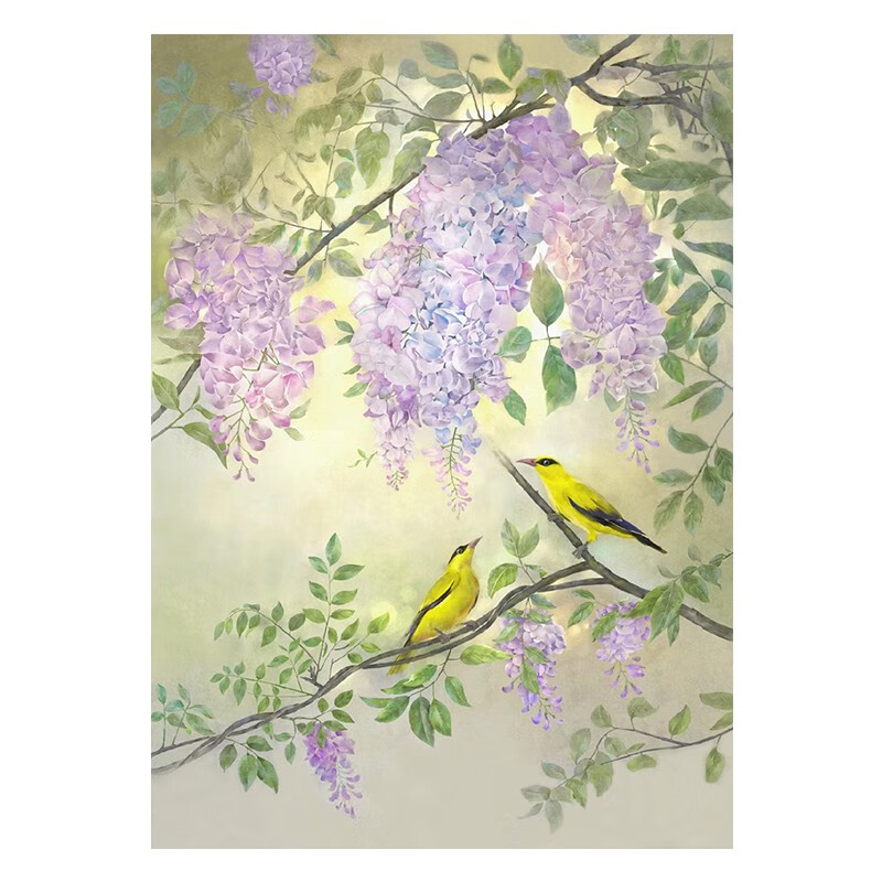 彩象 高端比翼双飞黄鹂鸟紫藤花手绘油画客厅装饰画新中式紫气东来玄
