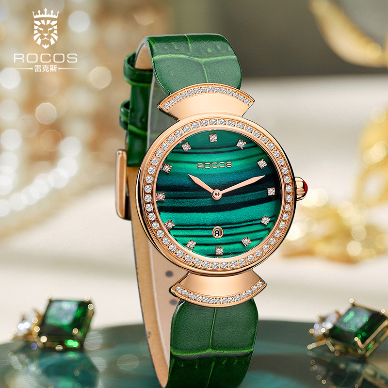 rocos品牌小众轻奢小裙子新款奢华手表女表小绿表皮带防水礼物送女友
