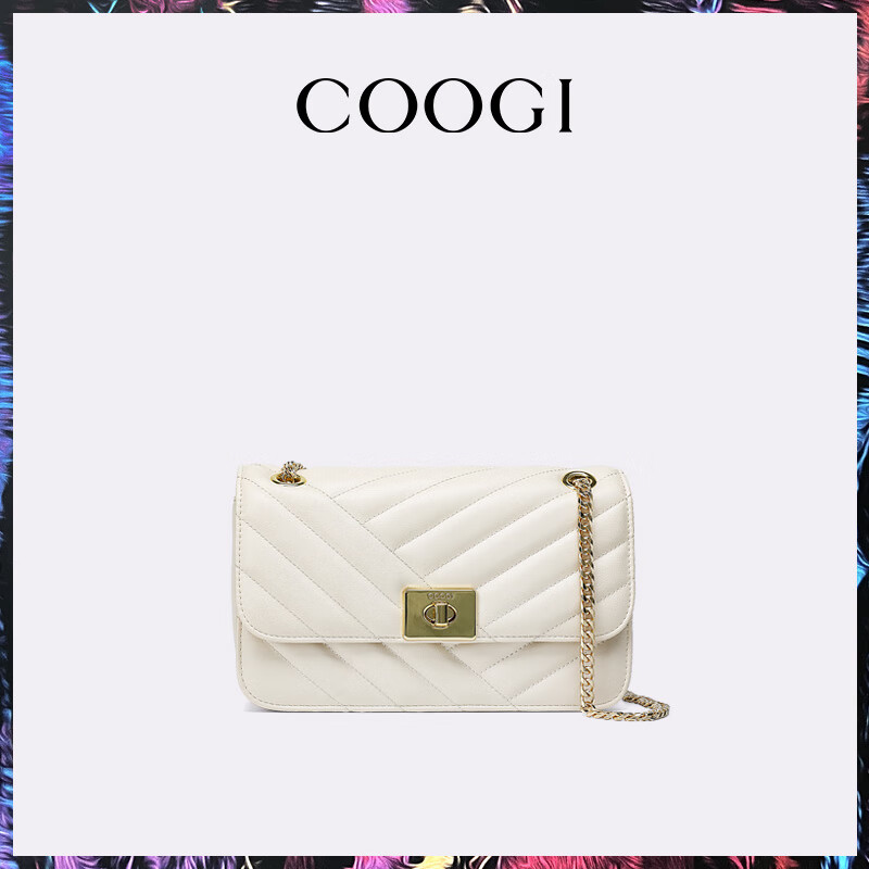 COOGI包包女新款菱格歐美時尚單肩斜挎包感真皮小方包腋下包 白色