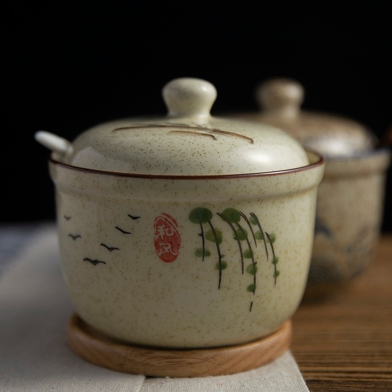 和风四季土火工坊釉下彩复古猪油罐油辣子罐家用餐厅盐罐调味罐陶瓷调料罐 和熙调料罐（360ml）配小白瓷勺