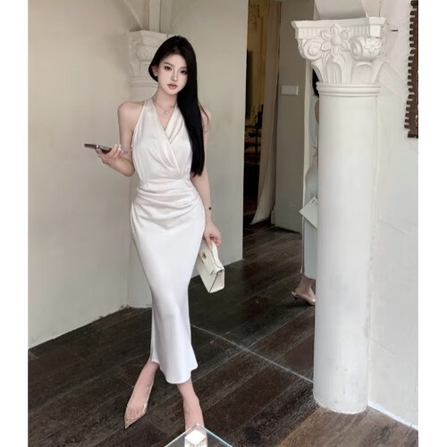 guocilrn高级缎面中长款裙子夏天法式风女气质优雅轻熟名媛贵妇修身