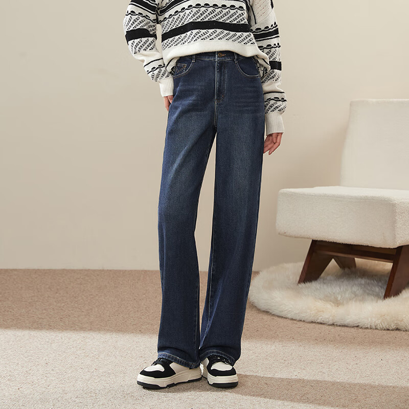 逸阳加绒香蕉牛仔裤女冬季新款宽松遮肉显瘦镰刀阔腿长裤子 月食蓝 28
