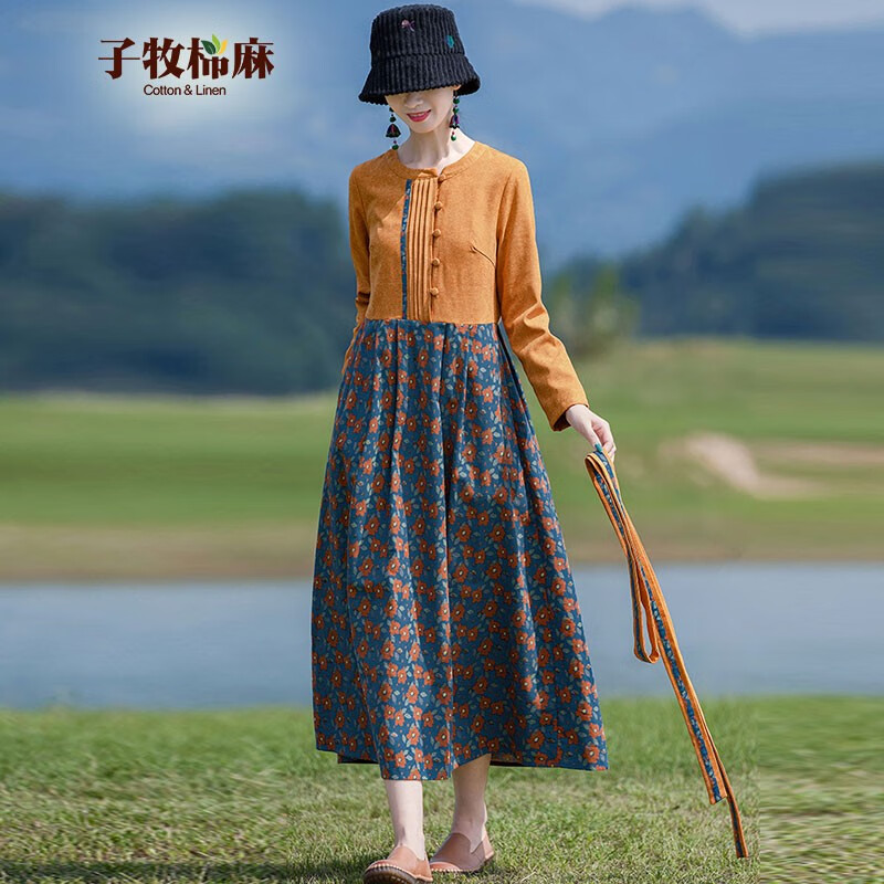 子牧棉麻春装 女民族风圆领连衣裙收腰显瘦长袖长裙9747 黄色 m(建议