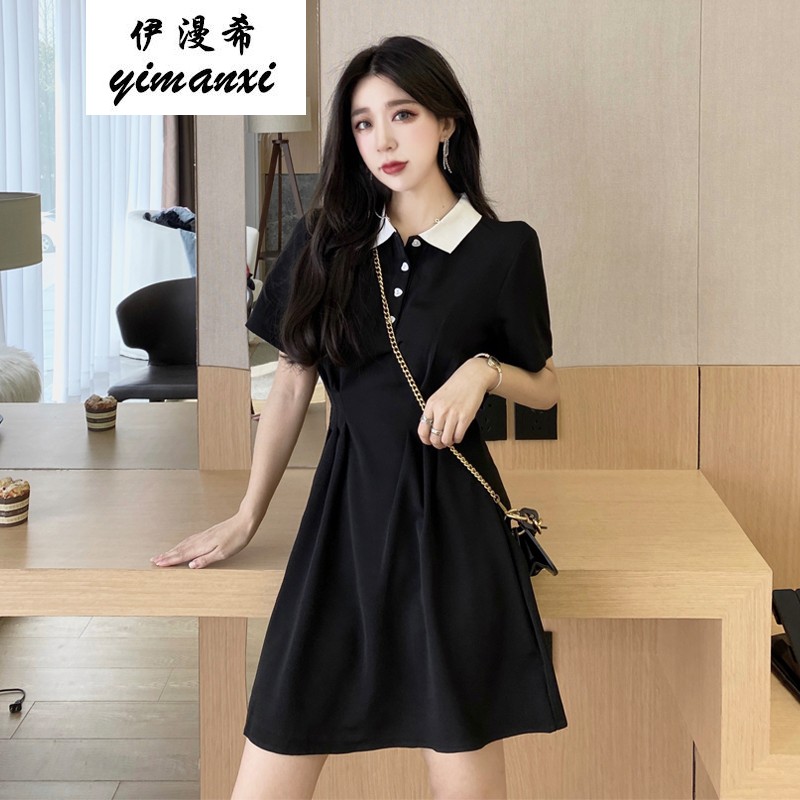 伊漫希韩版女装甜美撞色翻领显瘦黑裙女生炸街时尚女士网红可甜可盐感