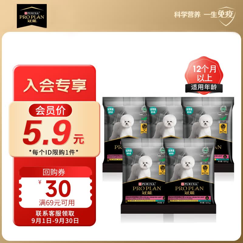 冠能小型犬成犬粮 挑食及美毛呵护配方犬粮60g*5 活动试用装	属于什么档次？