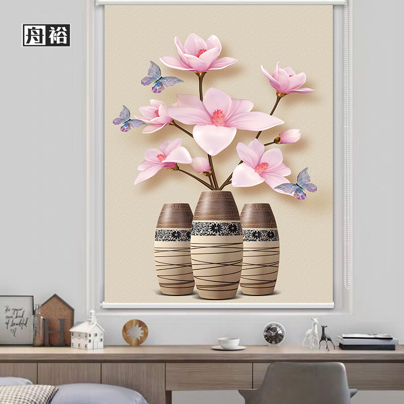 舟裕 免打孔定制卷帘玉兰花卫生间防水防油家用遮光遮阳手拉升降窗帘 花卉06 加厚油画布/平方