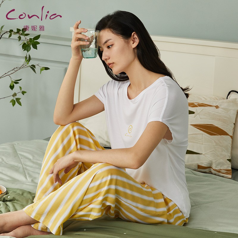 康妮雅(conlia)睡衣女春夏莫代尔棉质短袖长裤女士家居服条纹宽松可外