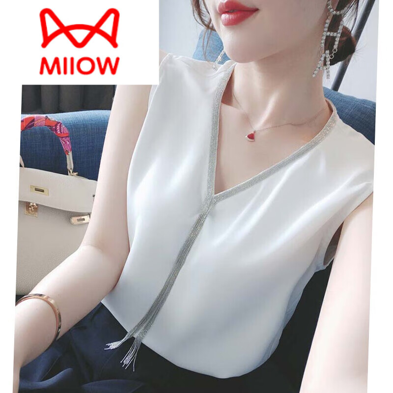 貓人（MiiOW）品牌高檔新品 吊帶背心女夏季西裝內(nèi)搭大碼寬松無(wú)袖雪紡衫胖mm洋 白色 2XL