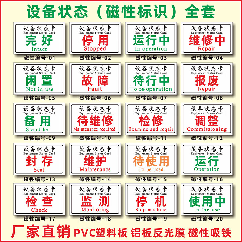 冠京卓设备状态磁性标识牌设备状态卡完好维修中合格待检停用停机机械