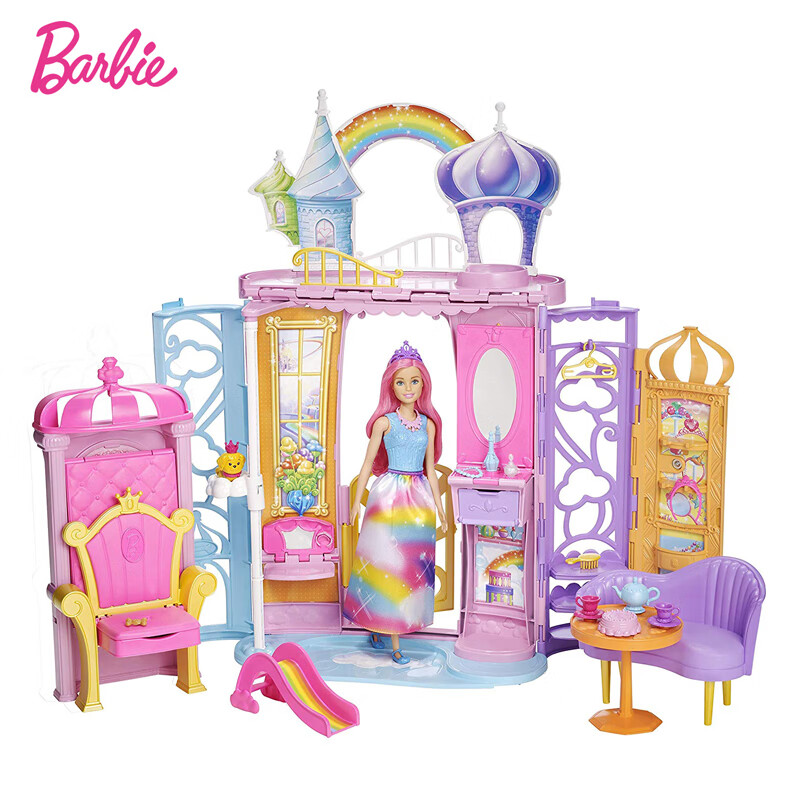 芭比（Barbie）公主娃娃梦幻衣橱厨房设计搭配礼盒闪亮度假屋美人鱼芭蕾精灵彩虹城堡女孩礼物玩具套装 【新款】芭比-FRB15-彩虹城堡