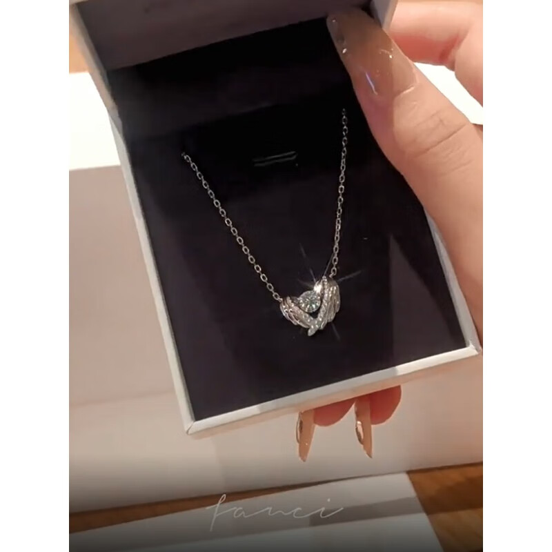 bmoi施华洛世奇锆守护之翼项链银轻奢小众跳动的心天使翅膀七夕礼物女