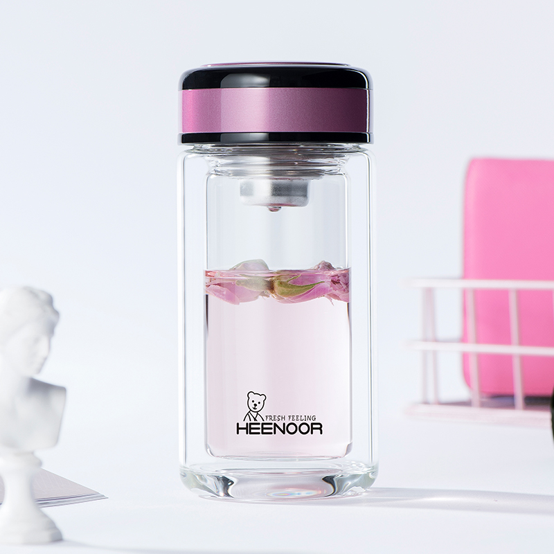 希诺(heenoor)双层玻璃杯女士清新可爱花茶杯小巧迷你便携女时尚网红