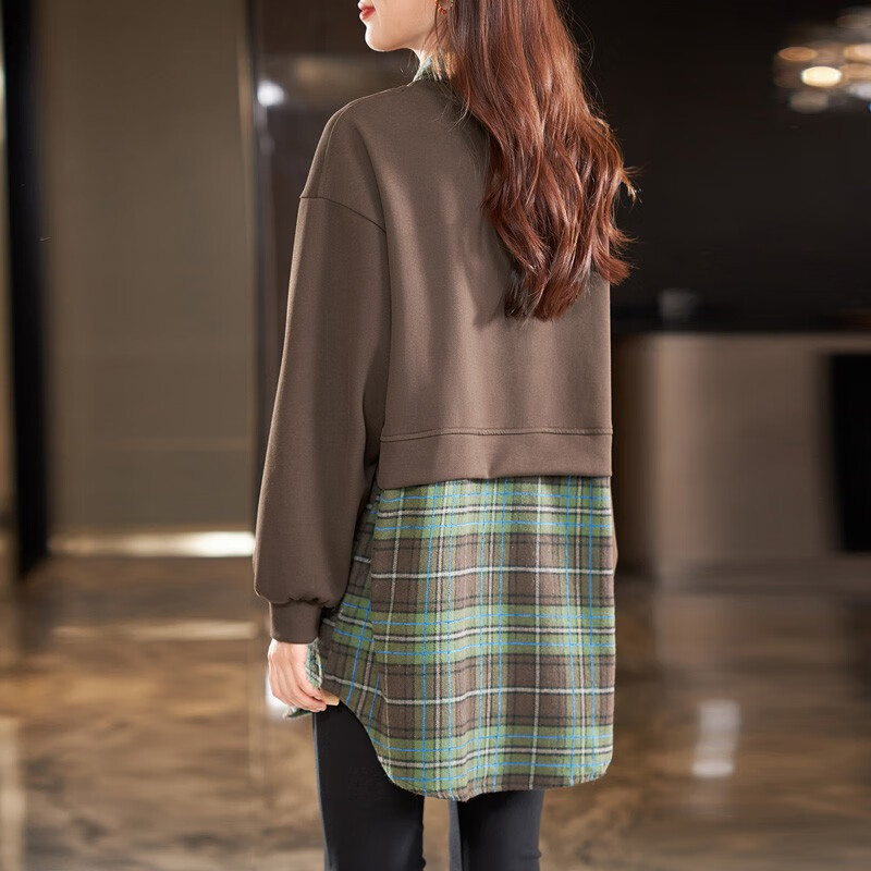 莎妮朵罗大码女装上衣胖mm春装韩版中长款遮肚宽松假两件棉卫衣女T恤19888 咖色 2XL 建议120-140斤穿着