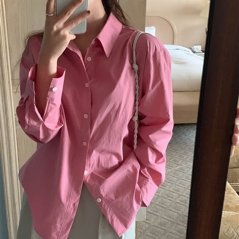 季新款长袖纯棉韩版衬衫女百搭法式显瘦内搭清新衬衣小众设计 粉色 s