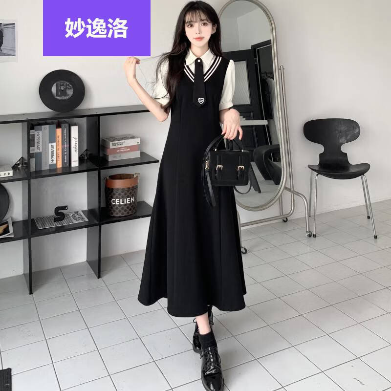 逸洛大码假两件短袖连衣裙长裙夏季微胖mm减龄学院风裙子微胖女人女神