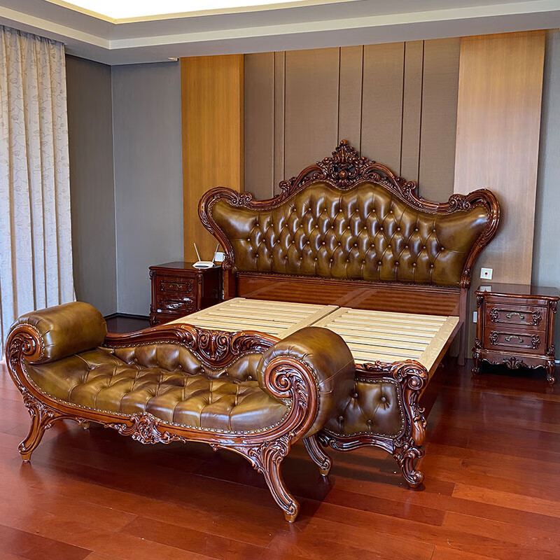 丘林瑟2022新款欧式皮实木雕花双人床卧室别墅主卧豪华床套房家具