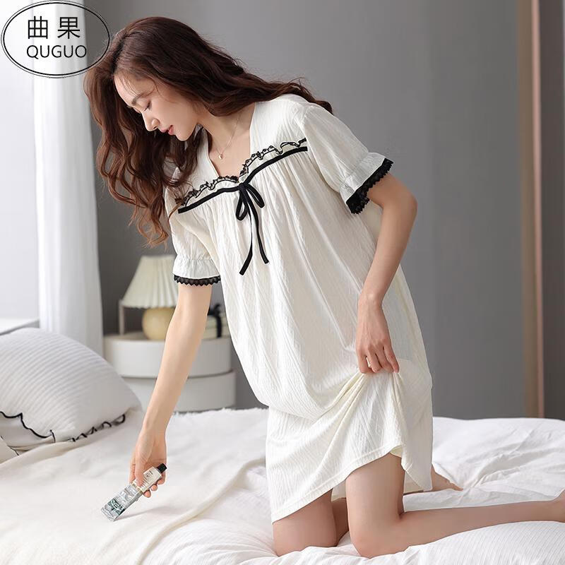 曲果(quguo)品牌睡裙女士夏天短袖rc莫代尔中长款睡衣裙子夏季薄款女