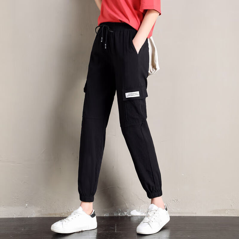 她风采裤子女学生韩版宽松春秋季九分黑色哈伦工装阔脚显瘦新款休闲