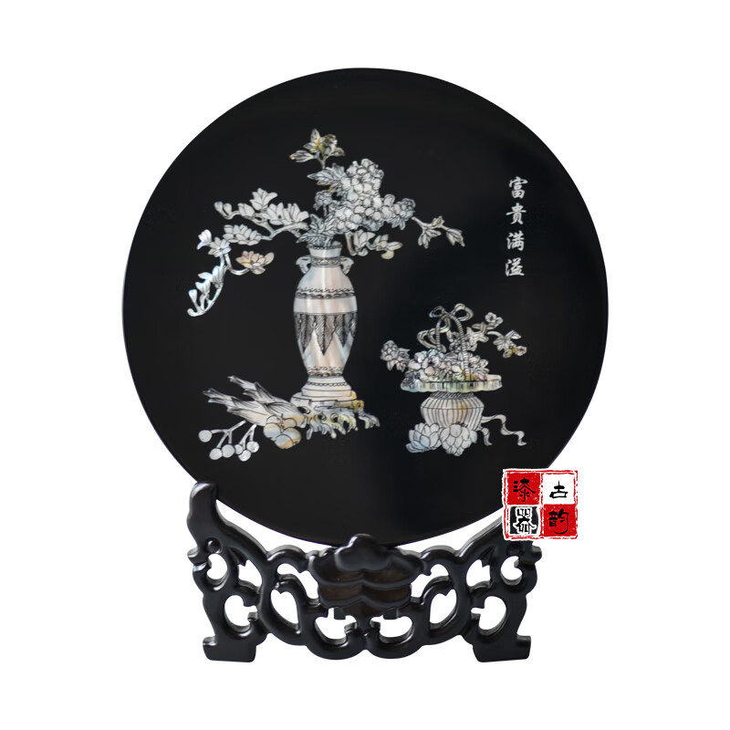山头林村扬州漆器非遗螺钿工艺品摆件 扬州漆器古韵圆平磨螺钿黑红色