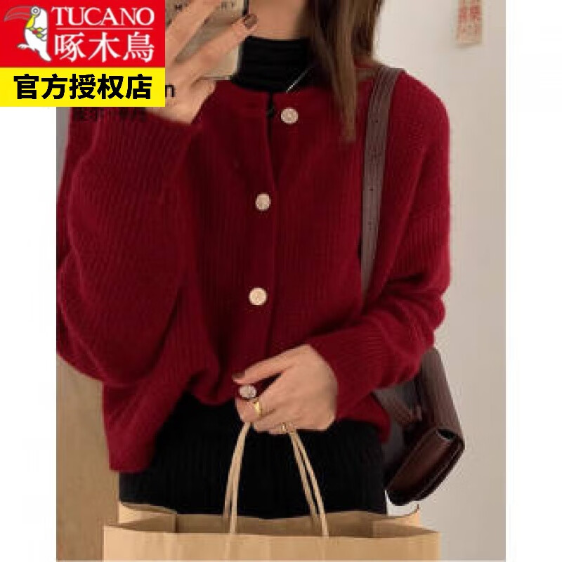 复古新年红色针织开衫女秋冬洋气外穿毛衣外套宽松慵懒风上衣 浆果色