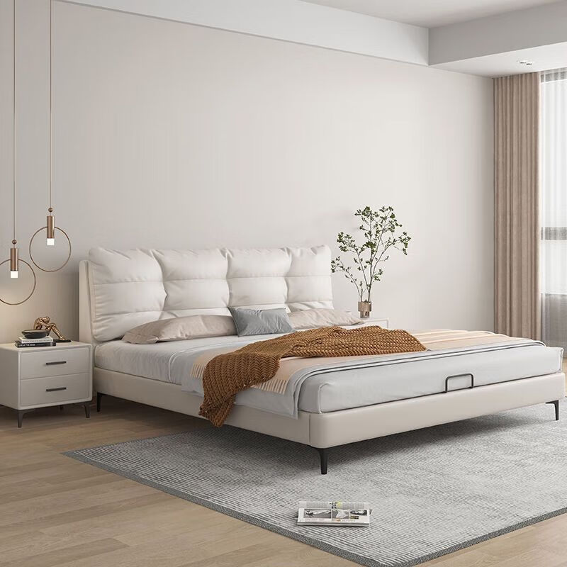 北欧宜家床主卧轻奢北欧奶油风真皮1.8米大床现代简约科技布1.