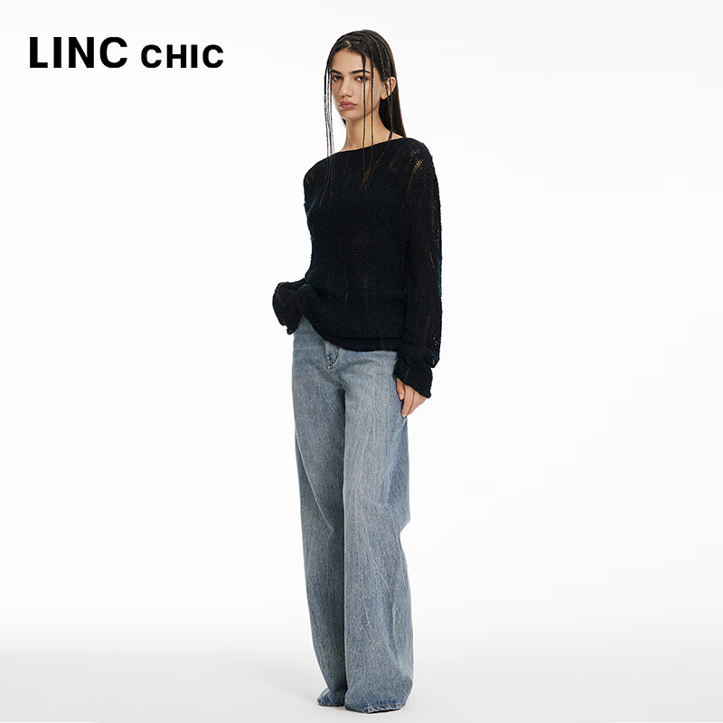 金羽杰薄透镂空长袖针织衫女短款春秋季新品圆领打底小衫上衣S241SW320Y 莱赛尔黑 M 适合110斤以下