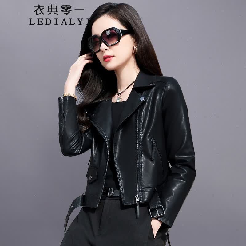 洋气韩版休闲修身小个子皮衣短款皮夹克机车服长袖短外套上衣女 黑色