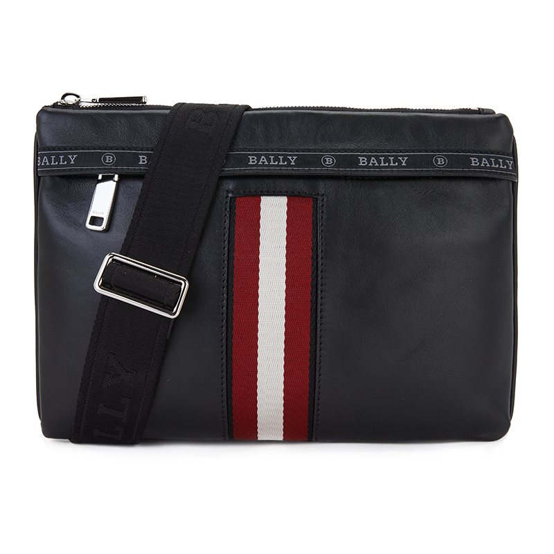 巴利 bally 奢侈品 男士harvey系列黑色牛皮饰红白织带斜背包 harvey