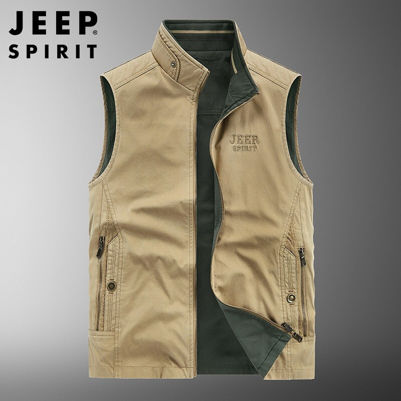 吉普jeep 春秋马甲男中年两面穿休闲纯棉户外钓鱼摄影多口袋背心男