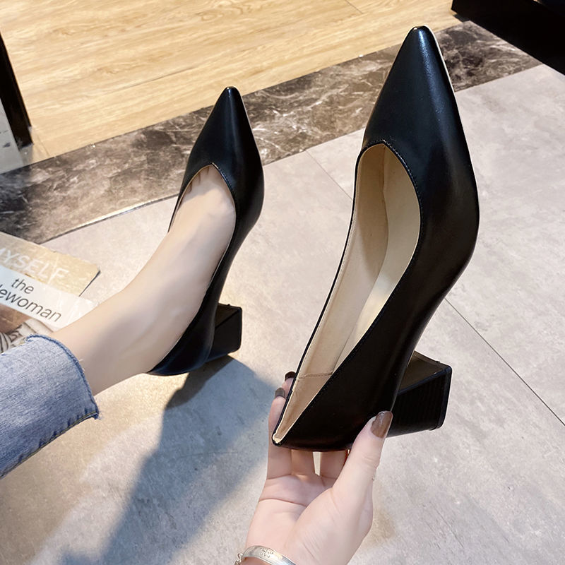 粗跟尖头单鞋春季新款仙女晚晚风温柔中跟仙气秋款淑女高跟鞋 黑色单鞋 37