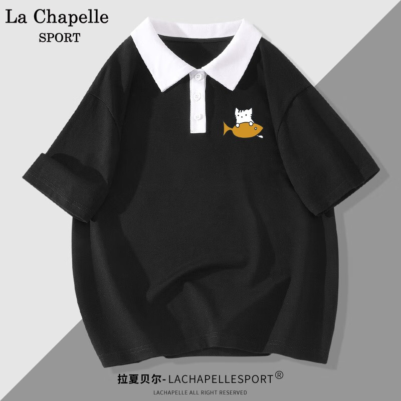 t恤女夏季休闲撞色polo领纯棉打底衫宽松显瘦上衣女 黑色(猫猫鱼胸标)