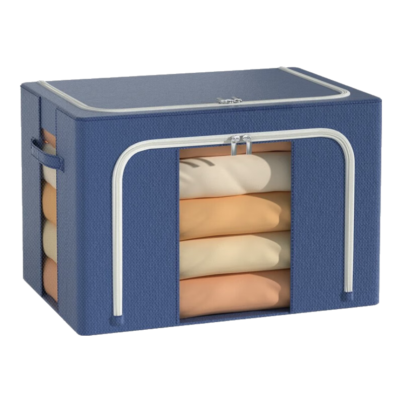 百草園收納箱衣服衣物百納箱布藝整理箱折疊棉被子衣柜儲物筐鋼架收納盒 藏藍色【36L-前視窗】抑菌銀離子布