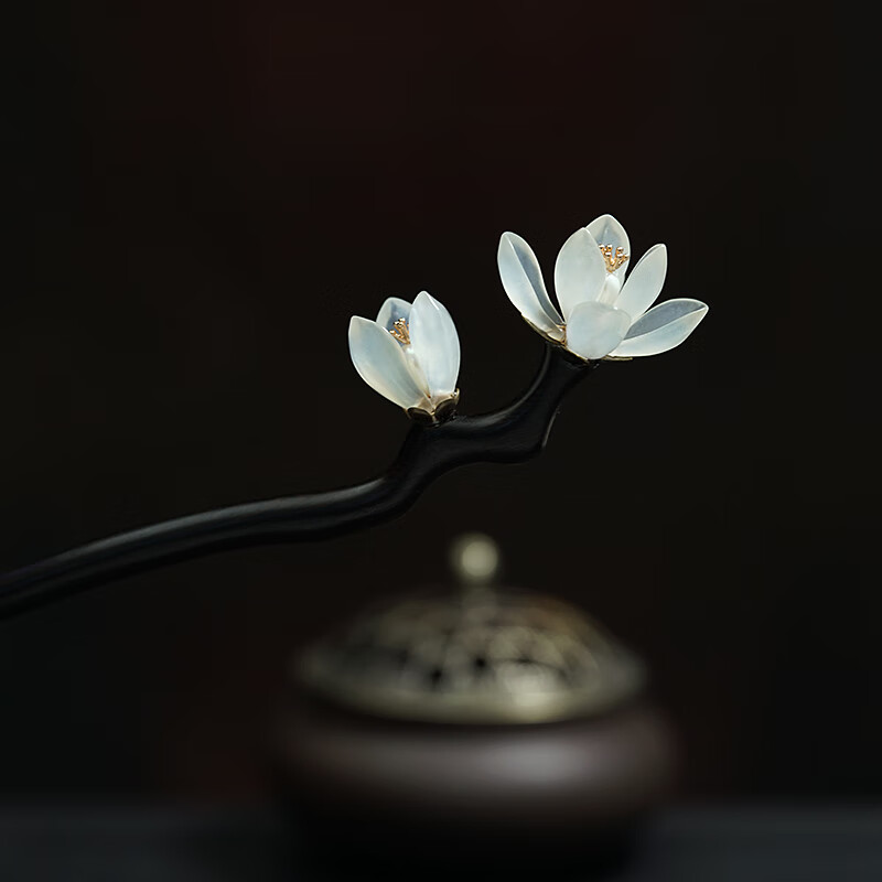千宝莱黑檀木发簪手工玉簪子古风汉服岫玉兰花古典日常现代盘发木簪