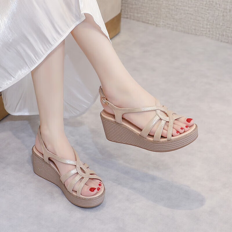 墨筠女鞋323334新款女凉鞋坡跟真皮女仙女风配裙子 香槟色 35