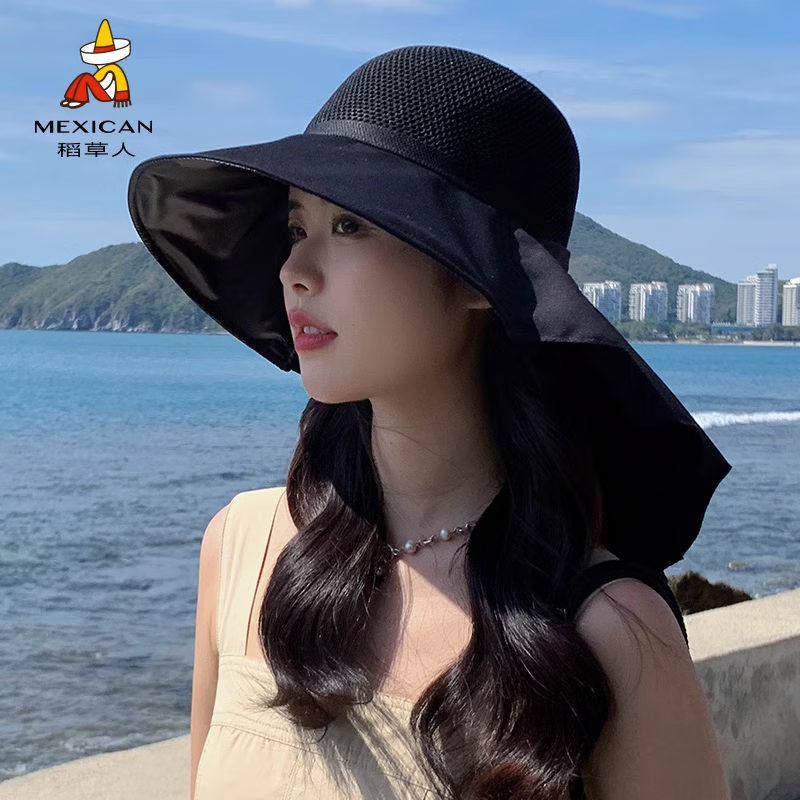 稻草人帽子女渔夫帽夏季新款遮阳防晒紫外线大帽檐披肩护颈太阳帽 【黑色】