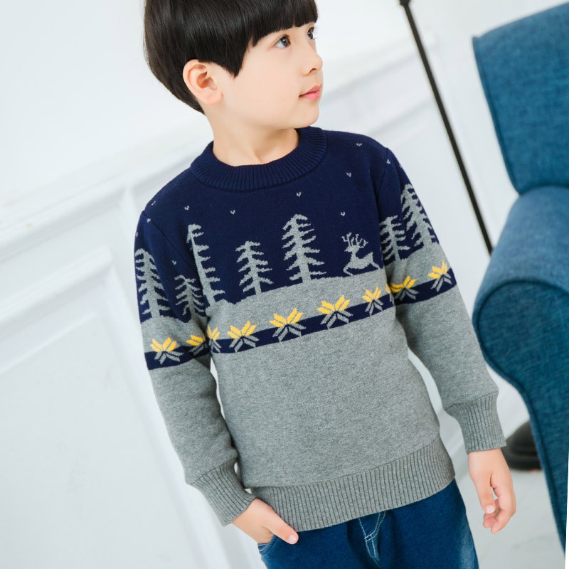 绒中羊童装男童毛衣套头双层加厚纯棉中大童线衣儿童针织衫秋冬款 双层加厚藏青横花 150 建议身高135-145cm