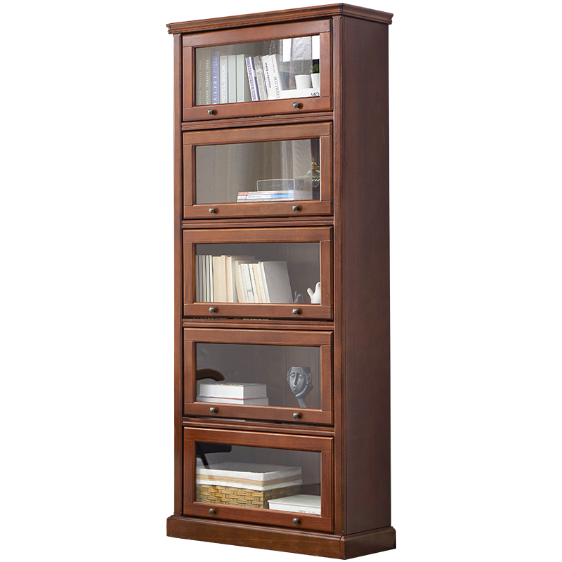 香木语 实木书柜美式轻奢置物柜带玻璃门储物柜落地组合书橱书房书架防尘 琥珀色五门