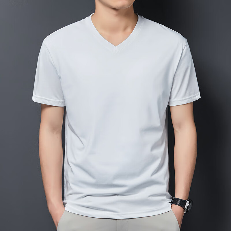 离境天丝光棉短袖t恤男v领夏季纯色打底衫男士短袖t恤v领丝光棉百搭