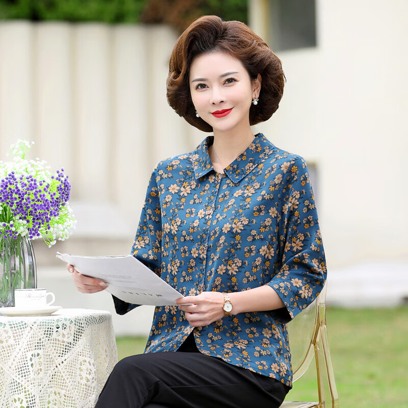百丽驼美士 balitomms妈妈衬衫女长袖中年女装夏装衬衣春秋翻领上衣中