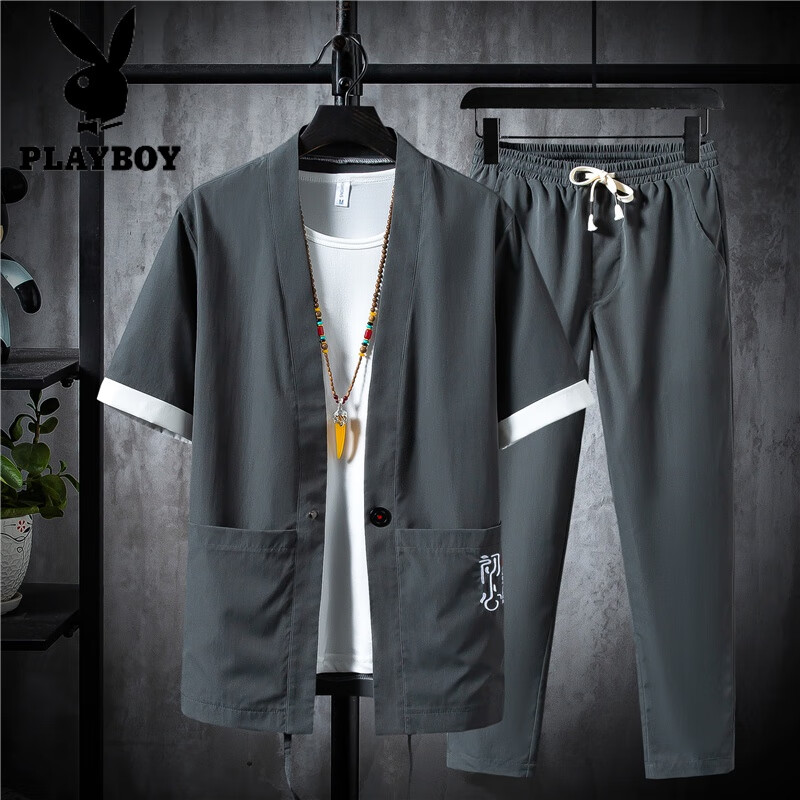 花花公子（PLAYBOY）亞麻套裝男款冰絲短袖t恤中式男裝中國(guó)風(fēng)唐裝年輕棉麻爸爸裝 TZ011灰綠色 2XL 適合135至150斤